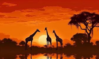 Afrika wild Safari Elefant Tier Natur Tierwelt Sonnenuntergang Silhouette Giraffe. generativ ai. foto