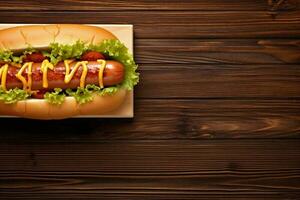 Brot Hund Soße Würstchen heiß Fleisch Hintergrund amerikanisch Essen schnell Gemüse. generativ ai. foto