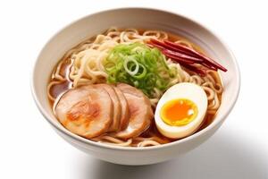 Hintergrund Weiß Pilz Ramen Schüssel Mahlzeit Suppe Essen asiatisch Nudel japanisch. generativ ai. foto