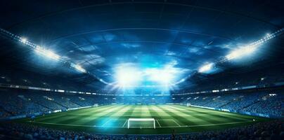 Welt Fußball Arena Spiel Grün Licht Stadion Tor Fußball Sport. generativ ai. foto