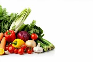 Hintergrund Gemüse frisch Weiß Grün isoliert Tomate Obst Essen gesund Vegetarier. generativ ai. foto