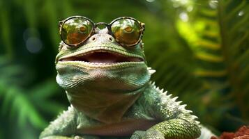 Eidechse Tier Brille Reptil Grün Nahansicht Leguan Tierwelt Porträt Skala. generativ ai. foto