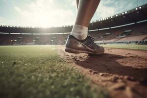 Turnschuhe Fußball Spiel Fußball Stadion Wettbewerb Fuß Schuh Füße Sport. generativ ai. foto