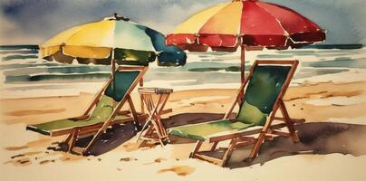 Ferien Stuhl sich ausruhen Regenschirm Hintergrund Sommer- Resort Ozean entspannen Strand Aquarell. generativ ai. foto