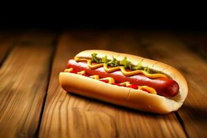 heiß Hund Hintergrund Essen Raum Würstchen Fleisch Soße schnell Kopieren amerikanisch Brot. generativ ai. foto