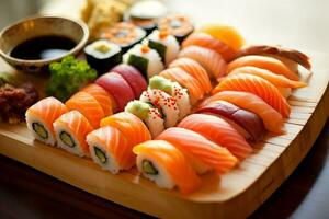 Essen Fisch rollen japanisch Mahlzeit Japan Sushi Meeresfrüchte einstellen Reis. generativ ai. foto
