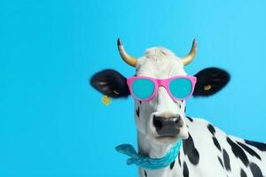Porträt Kuh Kopf Tier Hintergrund Blau Sonnenbrille Gesicht komisch Raum Brille Kopieren. generativ ai. foto