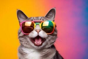 Haustier Sonnenbrille Mode Neon- Tier bunt komisch Katze Porträt Niedlich. generativ ai. foto