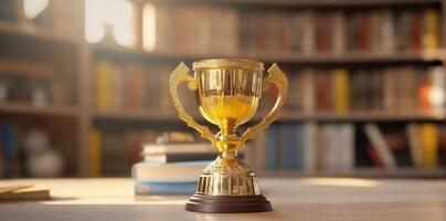 Trophäe Tasse vergeben Bokeh Gold Preis- Champion Feier Bibliothek Wettbewerb. generativ ai. foto