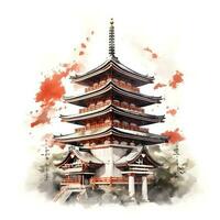 Aquarell japanisch Pagode Wahrzeichen Gebäude, Schloss. ai generiert foto