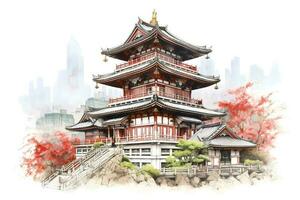 Aquarell japanisch Pagode Wahrzeichen Gebäude, Schloss. ai generiert foto