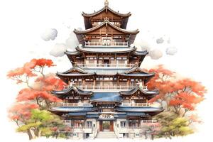 Aquarell japanisch Pagode Wahrzeichen Gebäude, Schloss. ai generiert foto