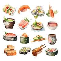 japanisch und Koreanisch Essen, Aquarell Satz. ai generiert foto