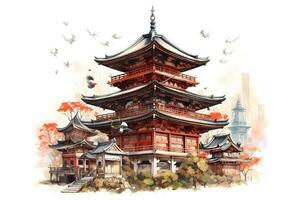 Aquarell japanisch Pagode Wahrzeichen Gebäude, Schloss. ai generiert foto