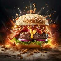 köstlich Burger mit fliegend Zutaten und dunkel Hintergrund. ai generiert foto