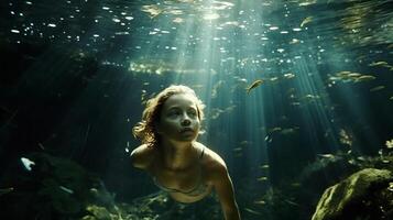 Mädchen im ein Badeanzug, Schwimmen Unterwasser, voll rahmen. ai generativ Kunst foto