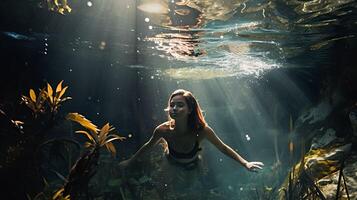 Mädchen im ein Badeanzug, Schwimmen Unterwasser, voll rahmen. ai generativ Kunst foto