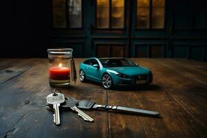 Auto Schlüssel auf Tabelle und Kerze im Glas dunkel Hintergrund. generativ ai foto