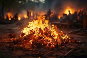 hell Feuer auf ein dunkel Nacht im ein Wald Feuer Verbrennung trocken Gras. groß Flamme auf voll Bildschirm Feuer Verbrennung im Wald schön Natur mit Abend Himmel beim Hintergrund. generativ ai foto