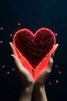 Foto von groß rot Herz Gliederung rot Beleuchtung im Mädchen Hand Fokus von Herz. Valentinsgrüße Tag Konzept. generativ ai