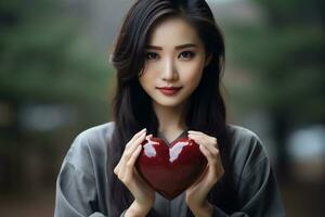 Foto von dunkel rot Herz im Mädchen Hand Fokus von Herz. Valentinsgrüße Tag Konzept. generativ ai