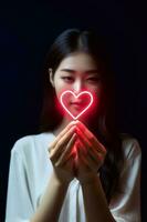 Foto von klein rot Herz Gliederung rot Beleuchtung im Mädchen Hand Fokus von Herz. Valentinsgrüße Tag Konzept. generativ ai