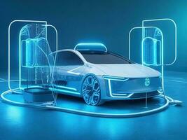 Clever futuristisch Auto Hologramm hud ui. abstrakt virtuell Grafik berühren Benutzer interface.auto Bedienung Konzept. Scannen und Automobil Daten Analyse. ai generiert foto