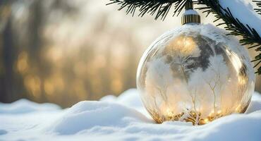 ein winterlich Szene von festlich Gold und Weiß Weihnachten Ornamente, eingehüllt im ein Glas Schnee Globus. ai generiert foto