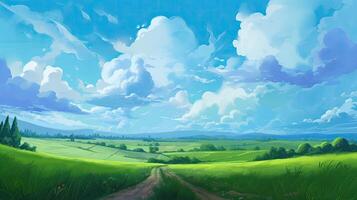 Anime-Stil Kunstwerk von heiter pastoral Szenen. Felder, Wolken, und Schmutz Wege Kommen Sie zu Leben im reich detailliert. generativ ai. foto