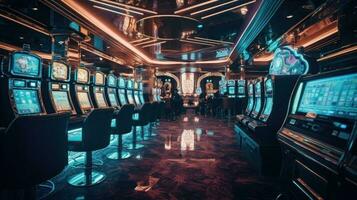 retro gestylt Kasino Innere mit Kasino Slot Maschinen geschmückt mit faszinierend Neon- Beleuchtung. generativ ai. foto