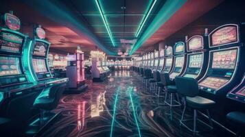 retro gestylt Kasino Innere mit Kasino Slot Maschinen geschmückt mit faszinierend Neon- Beleuchtung. generativ ai. foto
