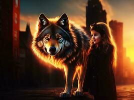 ein Foto süß Mädchen mit ein groß Wolf im Stadt Abend Sonne Licht