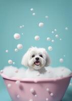 süß maltesisch Hund im ein klein Badewanne mit Seife Schaum und Blasen, süß Pastell- Farben, generativ ai. foto
