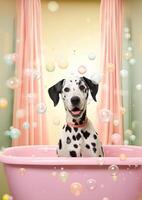 süß Dalmatiner Hund im ein klein Badewanne mit Seife Schaum und Blasen, süß Pastell- Farben, generativ ai. foto