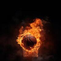 Basketball Ball im Feuer, Basketball Ball auf Feuer auf ein schwarz Hintergrund, generativ ai. foto