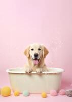 süß golden Retriever Hund im ein klein Badewanne mit Seife Schaum und Blasen, süß Pastell- Farben, generativ ai. foto