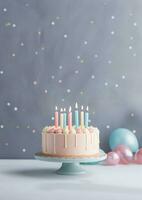 Geburtstag bunt Kuchen dekoriert mit Süßigkeiten, Geburtstag Kuchen mit Kerzen, generativ ai. foto