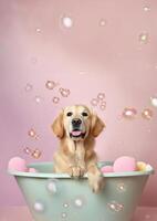 süß golden Retriever Hund im ein klein Badewanne mit Seife Schaum und Blasen, süß Pastell- Farben, generativ ai. foto