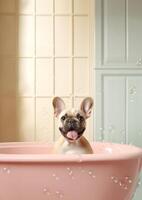 süß Französisch Bulldogge Hund im ein klein Badewanne mit Seife Schaum und Blasen, süß Pastell- Farben, generativ ai. foto