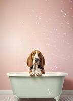 süß Basset hetzen Hund im ein klein Badewanne mit Seife Schaum und Blasen, süß Pastell- Farben, generativ ai. foto