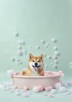 süß Shiba inu Hund im ein klein Badewanne mit Seife Schaum und Blasen, süß Pastell- Farben, generativ ai. foto