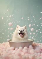 süß samoyed Hund im ein klein Badewanne mit Seife Schaum und Blasen, süß Pastell- Farben, generativ ai. foto