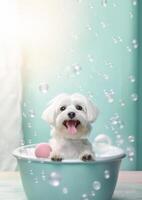 süß maltesisch Hund im ein klein Badewanne mit Seife Schaum und Blasen, süß Pastell- Farben, generativ ai. foto