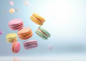 Macaron Nachtisch. bunt Makronen fliegend, Französisch Macaron Kekse, Süss Nachtisch. foto