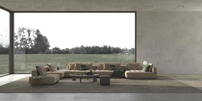 Luxuriöses, modernes, helles Wohnzimmer mit Stuckwand-Mock-up und schönem Naturwaldblick-Hintergrund 3D-Rendering-Illustration