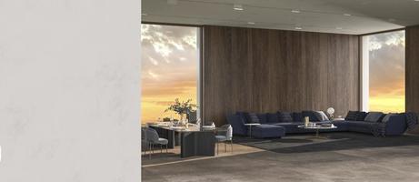 moderner luxuriöser Innenhintergrund mit Panoramafenstern und Naturblick und Gipswand verspotten helles Design Wohnzimmer 3D-Rendering-Illustration foto