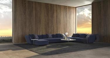 Moderner Luxus-Innenhintergrund mit Panoramafenstern und Blick auf den Sonnenuntergang und Holzwand verspotten helles Design-Wohnzimmer 3D-Rendering-Illustration foto