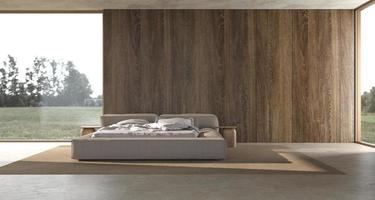 minimalismus modernes schlafzimmer innen skandinavisches design mit holzwand mock-up foto