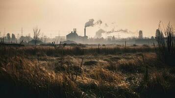 umweltschädlich Fabrik Hintergrund mit viele von schwarz Rauch Schornsteine, Produktion Emissionen, Natur Verschmutzung Thema foto