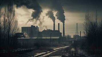 umweltschädlich Fabrik Hintergrund mit viele von schwarz Rauch Schornsteine, Produktion Emissionen, Natur Verschmutzung Thema foto